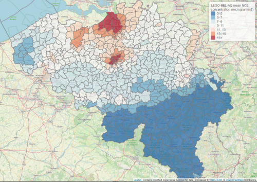 NO2-concentratie aan de oppervlakte in Belgische gemeenten