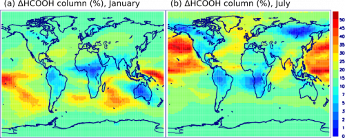 Impact calculé par modèle du traitement du HCHO dans les nuages