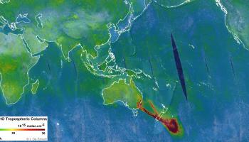 A plume of formaldehyde gas is seen travelling southeast over New Zealand
