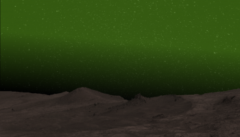 Artistieke impressie van hoe nachtgloed er 's nachts uit zou kunnen zien voor een astronaut in de poolgebieden van Mars. 