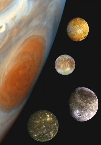 Jupiter et les quatre lunes galiléennes