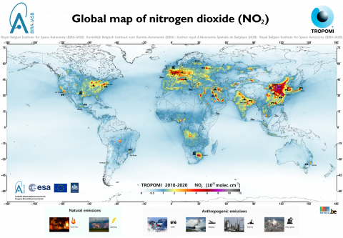 Wereldkaart stikstofdioxide NO2 2018-2020